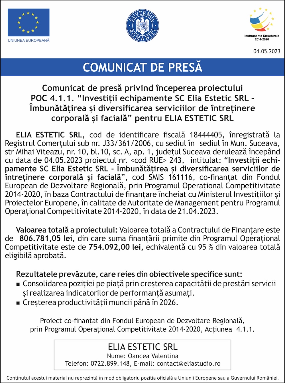 Afis anunt fonduri UE Elia Estetic SRL